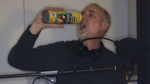 Ross Waddell, Nerdstalking panelist, fellating a can of Pringles